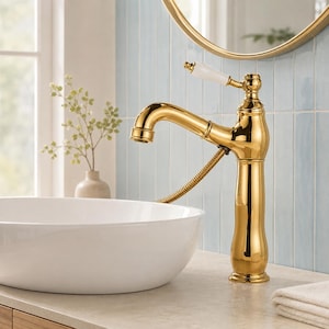 Grifo de baño extraíble de latón dorado pulido, grifo mezclador de lavabo con manija de cerámica, grifo monomando para lavabo de tocador.