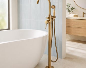 Antique Brass Freestanding Tub Faucet, Floor Mounted Bathtub Filler with Hand Shower, 360 Swivel Spout Mixer Tap