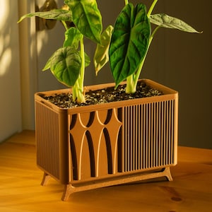 May include: A rectangular brown planter with a ribbed texture and a central decorative cutout pattern featuring three pointed arches. The planter stands on four small legs and contains a green plant with heart-shaped leaves growing in soil.