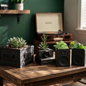 Retro Tech Planters Cassette Tape, Camera, and Speakers - 3D Printed