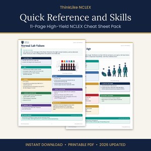 Può includere: Un pacchetto di 11 pagine di fogli di riferimento NCLEX intitolato ThinkLike NCLEX Quick Reference and Skills. Il documento presenta sezioni organizzate sui normali valori di laboratorio, elettroliti e dati cardiaci con grafici colorati e illustrazioni mediche.