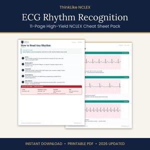 May include: An 11-page high-yield NCLEX cheat sheet pack titled ThinkLike NCLEX ECG Rhythm Recognition. The pages feature a guide on how to read rhythms, including steps for rate, regularity, P waves, PR interval, and QRS width, plus ECG strips.