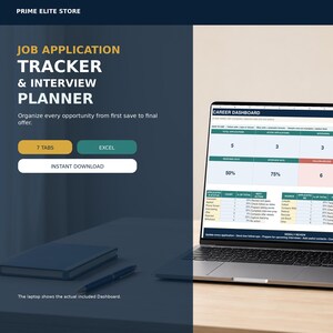 May include: A digital job application tracker and interview planner displayed on a laptop screen. The interface features a career dashboard with tables, metrics, and progress tracking. Text includes Prime Elite Store, Job Application Tracker & Interview Planner, 7 Tabs, Excel, Instant Download, and Career Dashboard.