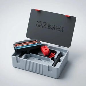 Puede incluir: Un estuche de almacenamiento rectangular de color gris claro con una tapa abierta que presenta el texto en relieve Nintendo Switch 2. En su interior, compartimentos moldeados contienen una pila de componentes negros, azules y rojos.