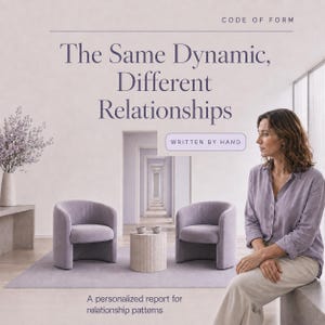 May include: A digital graphic featuring the text CODE OF FORM, The Same Dynamic, Different Relationships, WRITTEN BY HAND, and A personalised report for relationship patterns. The image displays two lavender armchairs, a small table, and a person.