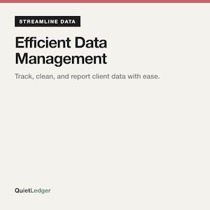 Könnte beinhalten: Ein weißes Grafikdesign mit dem schwarzen Text Streamline Data, Efficient Data Management und dem Untertext Track, clean, and report client data with ease. In der unteren linken Ecke steht der Markenname QuietLedger in Schwarz.