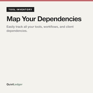May include: A digital graphic with a light beige background featuring the black text Tool Inventory, Map Your Dependencies, and the subtext Easily track all your tools, workflows, and client dependencies. The bottom left corner displays QuietLedger.