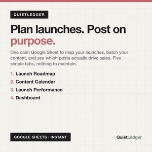Op de afbeelding: Een digitale afbeelding voor QuietLedger met de tekst: Plan launches. Post on purpose. One calm Google Sheet to map your launches, batch your content, and see which posts drive sales. Bevat een lijst: 1. Launch Roadmap, 2. Content Calendar, 3. Launch Performance, 4. Dashboard.