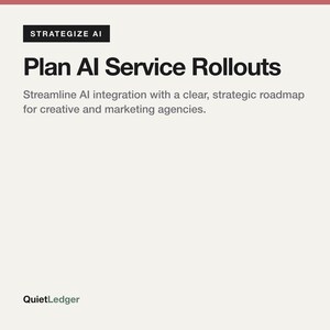 以下が含まれることがあります： 薄いベージュの背景に、黒い文字でSTRATEGIZE AI、Plan AI Service Rollouts、そしてサブテキストとしてStreamline AI integration with a clear, strategic roadmap for creative and marketing agenciesと書かれ、下部にQuietLedgerと記されたグラフィック。