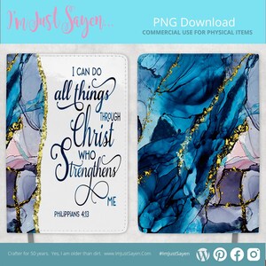 May include: A white notebook cover with a blue and gold abstract design. The cover features the text "I can do all things through Christ who strengthens me" and "Philippians 4:13".