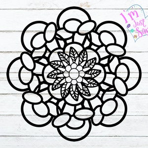 May include: Black and white mandala design with a floral pattern in the center. The mandala is made up of circles and swirls.