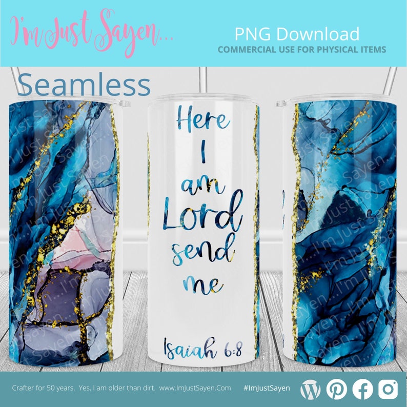 Here Am I Send Me Isaiah 6:8 20oz Spanish Skinny Tumbler Seamless Skinny Sublimation PNG Cricut Mug Press Digital Download. image 1