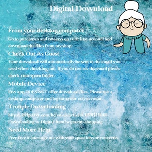 May include: A blue and white illustration of a woman with glasses, with text that reads "Digital Download" and instructions on how to download digital files from Etsy.