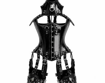 Conjunto de corsé y arnés gótico de PVC negro, body con pinchos, ropa interior cyberpunk, atuendo para festivales y fiestas rave.