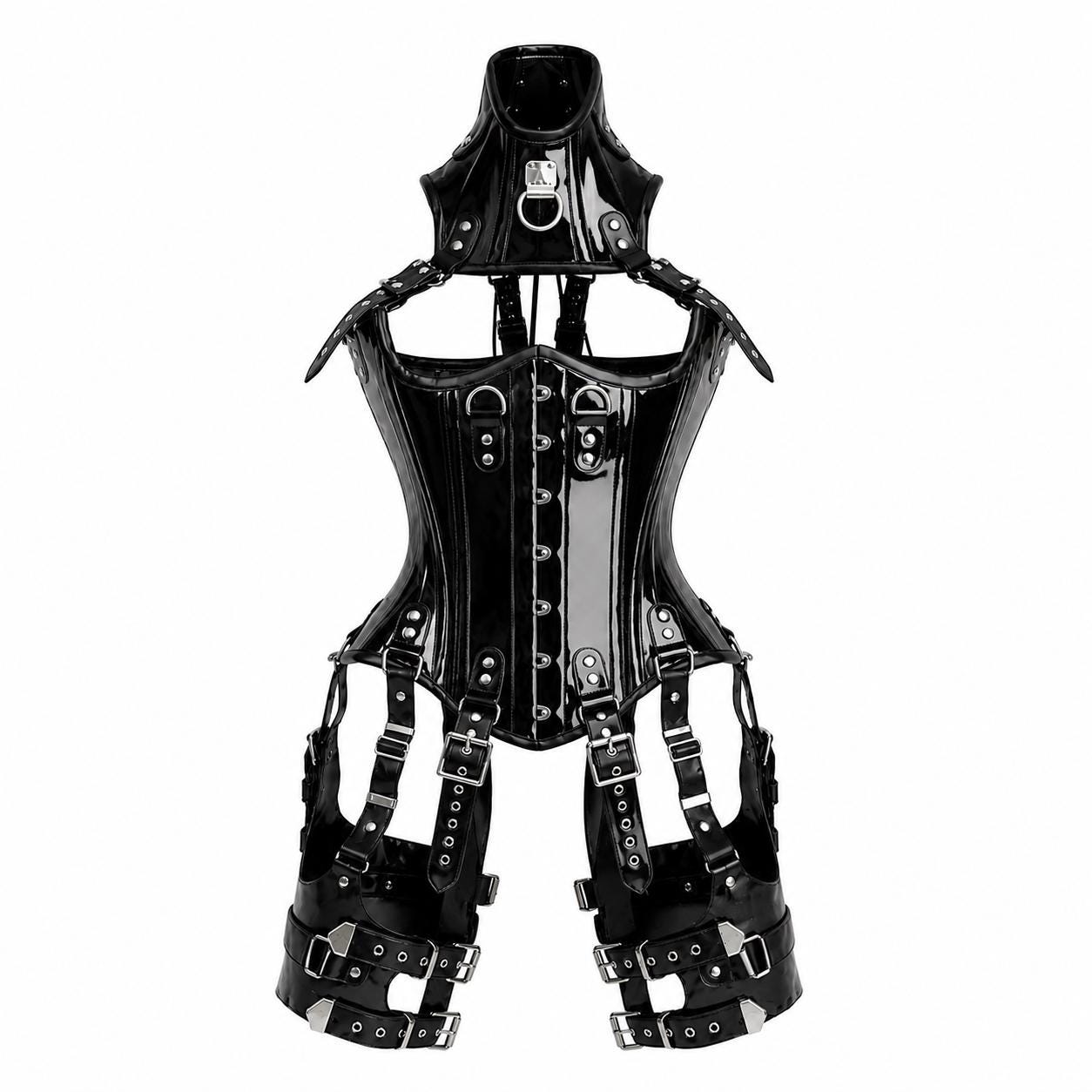Black PVC Goth Corset Harness Set, Spiked Bodysuit, Cyberpunk Bodywear, Festival Rave Outfit