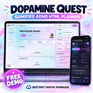 Gamified ADHD Life Planner HTML App, Interactive RPG Budget Tracker, Glassmorphism Aesthetic Daily Routine Habit Tracker, Offline Dashboard
