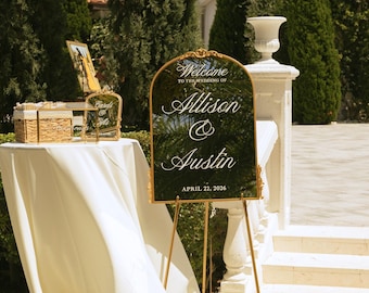 Panneau de bienvenue miroir pour mariage, panneau de bienvenue doré élégant, idées pour l'entrée de la cérémonie de mariage, panneau de bienvenue personnalisé pour selfies de mariage