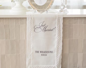 Panneau « Just Married » pour mariage, panneau avec nom de famille pour la table de mariage, panneau en tissu pour le bar de mariage, panneau en lin pour mariage