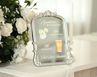 Panneau de bar pour mariage, Miroir de menu de cocktails signature, Panneau de carte des boissons, Signalétique miroir pour mariage, Liste des boissons de mariage, Boissons pour lui et pour elle