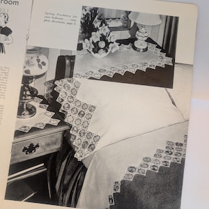 May include: A black and white printed page featuring a bedroom scene with a pillowcase and table runner decorated with intricate lace borders. The text reads: Spring Freshness for your bedroom... complete directions, page 2. The page number 3 is visible.