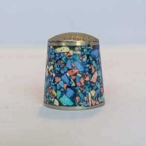 Vintage Crushed Stone Mosaic Thimble Multicolor Inlay Metal Confetti Mixed Media Art Stonework Geometric Turquoise Artisan Southwest Western