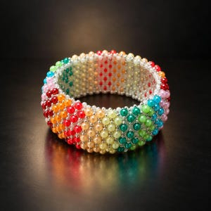May include: A wide cuff bracelet constructed from rows of small, spherical beads in a vibrant rainbow gradient. The beads are arranged in a repeating pattern of red, orange, yellow, green, blue, and pink, connected by silver-toned metallic spacers.