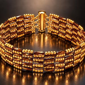 Handgeweven gouden en bronzen armband met kraaltjes, geometrische metalen armband.