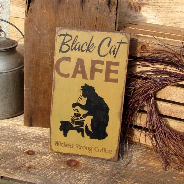 Black Cat Cafe, Wooden Fall Sign, Autumn Decor, Coffee Shop Sign, Wooden Sign Saying, Fall Decor, Black Cat Decor, Wood Signs,