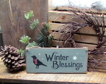 Winter Wooden Sign, Christmas Wooden Sign, Winter Blessings with Black Crow, Holiday Decor, Wood Sign Saying, Rustic Winter Sign, Crow Sign