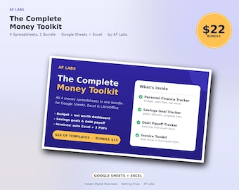 Personal Finance Spreadsheet Bundle for Beginners, Budget Debt Savings Invoice Tracker Bundle Google Sheets Excel, 4 in 1