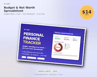 Net Worth Tracker Spreadsheet for Beginners, Budget & Net Worth Dashboard Google Sheets, Track Net Worth Growth, Excel