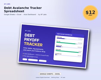 Debt Avalanche Spreadsheet for High Interest Credit Card Debt, Debt Free Payoff Tracker Google Sheets Excel, Payment Log Dashboard