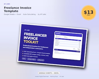 Invoice Template Excel Google Sheets, Printable PDF Invoice for Freelancers, Auto Calculating Invoice Generator, 3 Designs