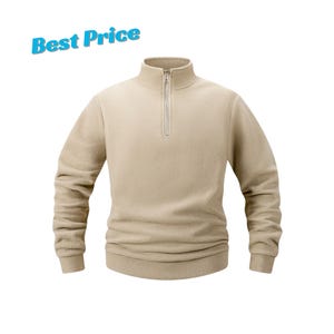 May include: A beige fleece pullover featuring a mock neck collar, long sleeves, and a silver-toned quarter-zip closure at the centre front. The text Best Price is displayed in blue letters in the upper left corner of the image.