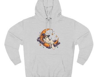 Sleeping Skeleton on Crescent Moon hoodie | Halloween celestial skull design