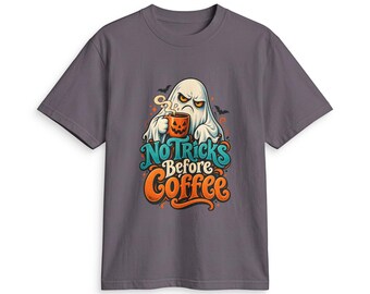 No Tricks Before Coffee T-Shirt | Halloween Ghost Coffee Tee