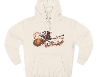 Black Cat on Broom Hoodie | Halloween Witchy Autumn Leaves