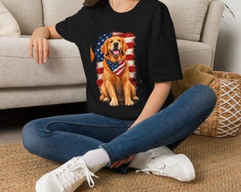 Patriotic Golden Retriever T-Shirt | American Flag Bandana, Fourth of July