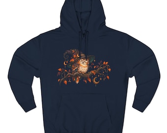 Whimsical Owl on Branch Hoodie | Autumn Leaves, Nighttime Moon