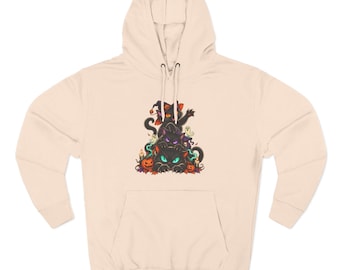 Spooky Cat and Pumpkins Hoodie | Halloween Black Cat Stack, Glowing Eyes