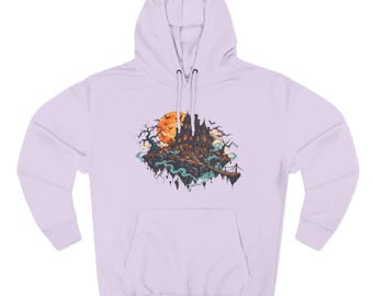 Spooky Haunted Island Illustration Hoodie | Halloween Moon Castle