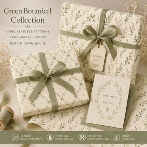 Green Botanical Seamless Pattern Bundle, 4 Watercolor Botanical Patterns, Sage Green Digital Paper, Fabric & Wallpaper PNG