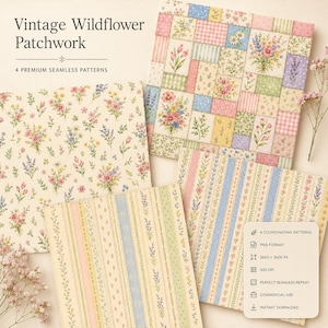 Puede incluir: Una colección digital de cuatro patrones sin costuras titulada Vintage Wildflower Patchwork. Los diseños presentan ramos de flores, cuadros vichy y motivos de rayas en tonos pastel de rosa, azul, amarillo y verde sobre fondos crema.