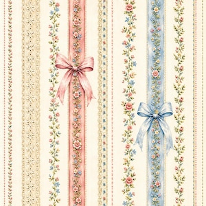 Puede incluir: Un patrón de tela con rayas verticales de encaje crema, cintas rosas con lazos y cintas azules con lazos, intercaladas con delicadas enredaderas florales con pequeñas flores rosas y azules sobre un fondo de color crema claro.