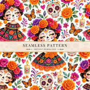 Puede incluir: Un patrón continuo con ilustraciones de figuras con maquillaje de calavera, flores de cempasúchil naranjas y moradas, mariposas monarca, velas encendidas y calaveras decorativas sobre fondo blanco con el texto SEAMLESS PATTERN.