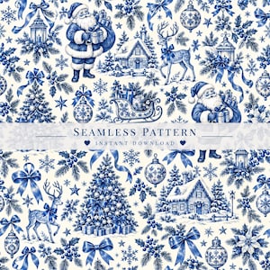 Pode incluir: Um padrão contínuo com ilustrações de Natal em azul e branco de Pai Natal, renas, árvores decoradas, casas com neve, ornamentos, laços, flocos de neve e azevinho. O texto SEAMLESS PATTERN INSTANT DOWNLOAD está centrado na imagem.