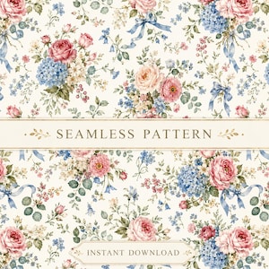 Puede incluir: Un patrón sin costuras con un diseño floral sobre fondo crema, con rosas rosadas, hortensias azules, hojas verdes y cintas azul claro. La imagen incluye el texto SEAMLESS PATTERN e INSTANT DOWNLOAD en letras doradas.