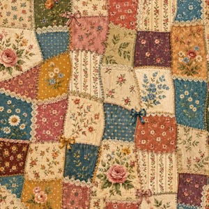 Puede incluir: Una tela de patchwork con varios patrones florales en tonos rosa, azul, amarillo, verde y crema. Los cuadrados están separados por un borde de encaje color crema y acentuados con pequeños lazos de tela en rosa, dorado y azul.