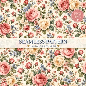 Puede incluir: Un patrón sin costuras con un diseño floral de rosas rosas y crema, pequeñas flores azules y hojas verdes sobre un fondo beige claro. Una banda horizontal en el centro muestra el texto SEAMLESS PATTERN INSTANT DOWNLOAD.