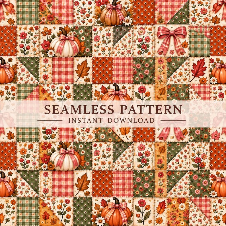 Jesienny bezszwowy wzór, wzór patchworku dyniowego, kokardka w kwiaty, cyfrowy papier w kratkę gingham na jesień, wzór tkaniny w formacie PNG JPG zdjęcie 1